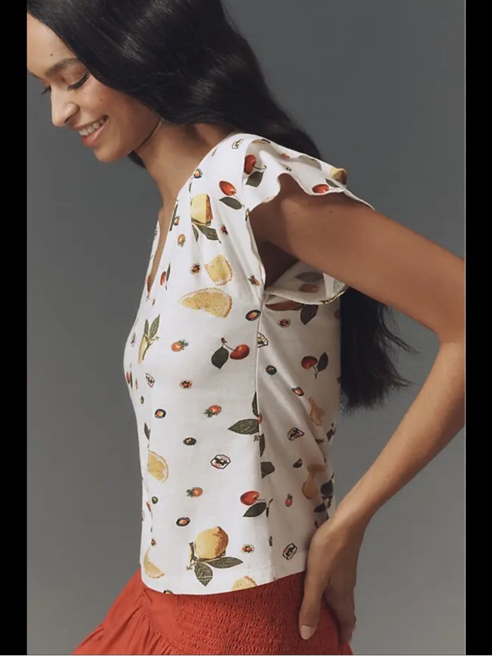 Anthropologie Maeve Lemon and Cherry Flutter Sleeve Scoop Neck Tee